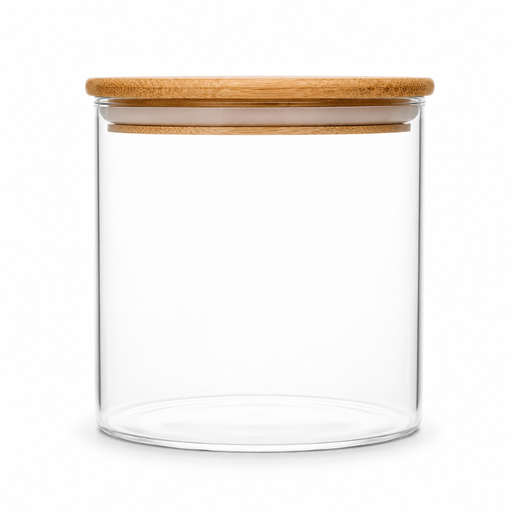 <tc>FRASCO DE VELA EM VIDRO BOROSILICADO COM TAMPA DE BAMBU</tc>