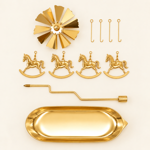 Golden candle carousel with tray, assembly parts: base, support rod, rotor, hooks and ornaments - Eco Candle Project